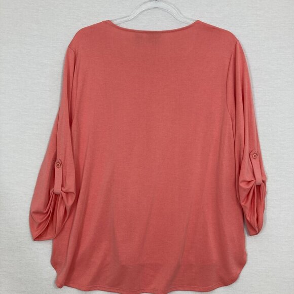 New Chico's Pink Salmon Round Neck Stretch Rolled Tab Pullover Blouse Large/2 - Picture 9 of 10
